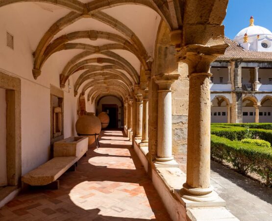 Fotografia do interior do Museu. Podemos ver as arcadas do edificio bem como parte do jardim